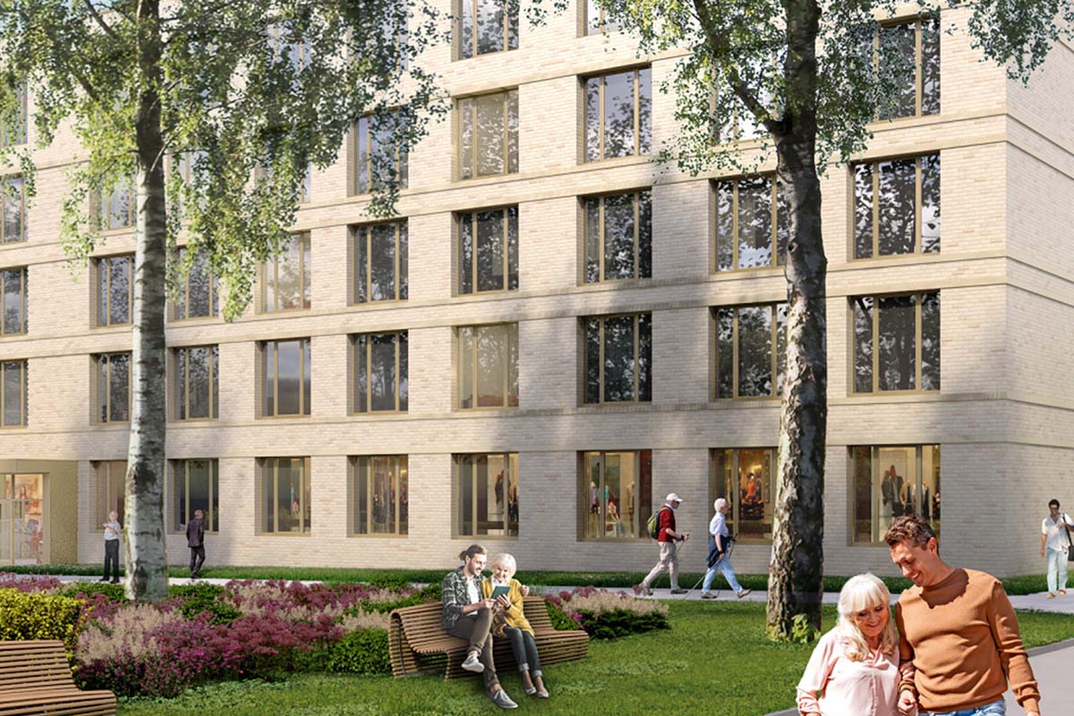 Außenansicht: PFLEGEN & WOHNEN HAMBURG Haus Linde mit Garten, Bäumen, Sitzbänken und Menschen im Austausch auf dem Gelände.